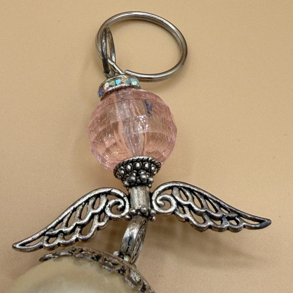 Guardian Angel Keychain Pearl Pink Bead Cherub Wing Charm Religious Prayer Gift